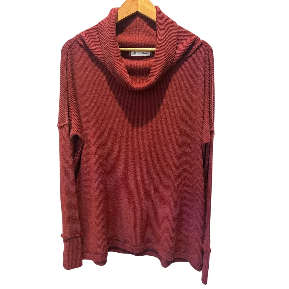 Free People Burgundy Red Waffle Knit Cowl Neck Oversized Tunic Size‎ XS